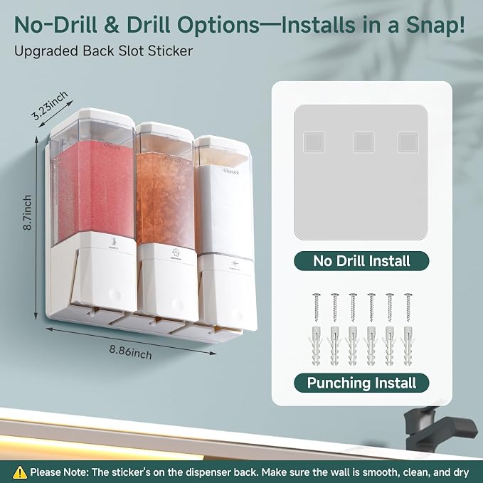 Shampoo and Conditioner Dispenser 3 Chamber No Drill Shampoo Dispenser for Shower Wall Mounted Shower Soap Dispenser 3 * 500ml Refillable Shower Dispenser for Bathroom Hotel(White 3 Chamber)