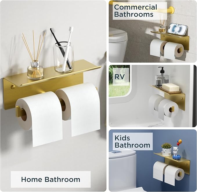 FORIOUS Toilet Paper Holder with Shelf, 304 Stainless Steel Wall Mount Commercial Toilet Paper Dispenser, Double Tissue Roll Holder for Bathroom, Brushed Gold