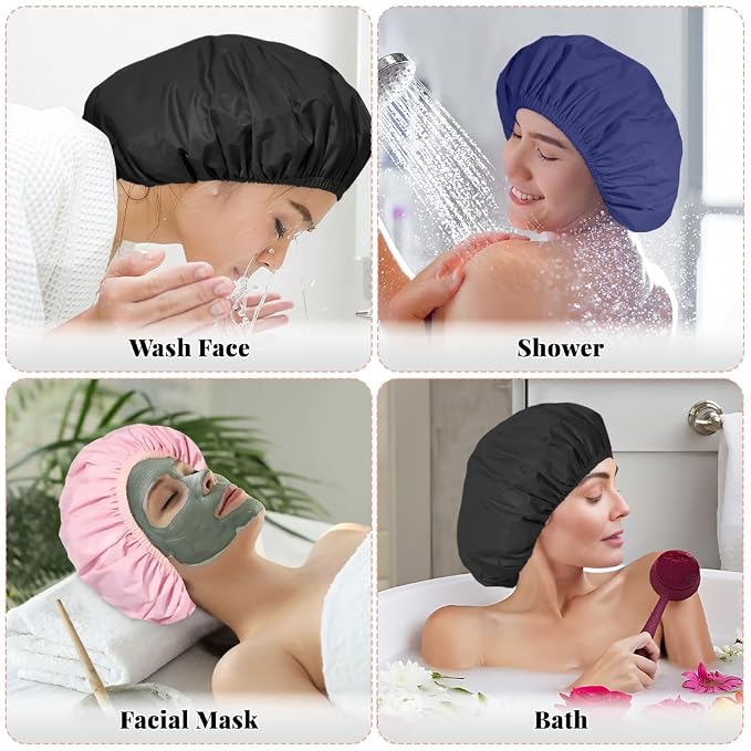 3 Pack Reusable Shower Caps for Women Waterproof, Large Hair Cap for Shower and Bath, Comfortable Bath Hat for Long Hair