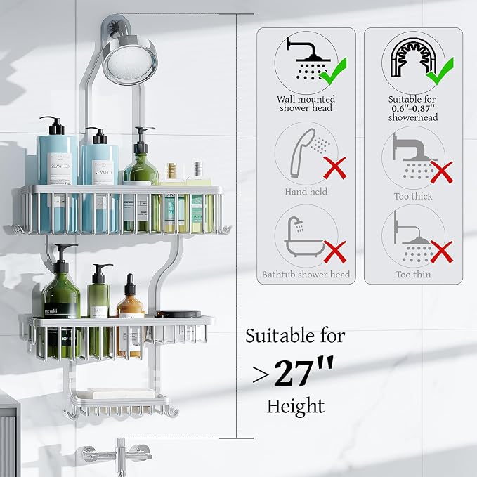 Never Rust Shower Caddy Hanging, Aluminum Shower Racks for Inside Shower, 3-Tier Shower Organizer Hanging Over Shower Head with Hooks and Soap Holder, Silver