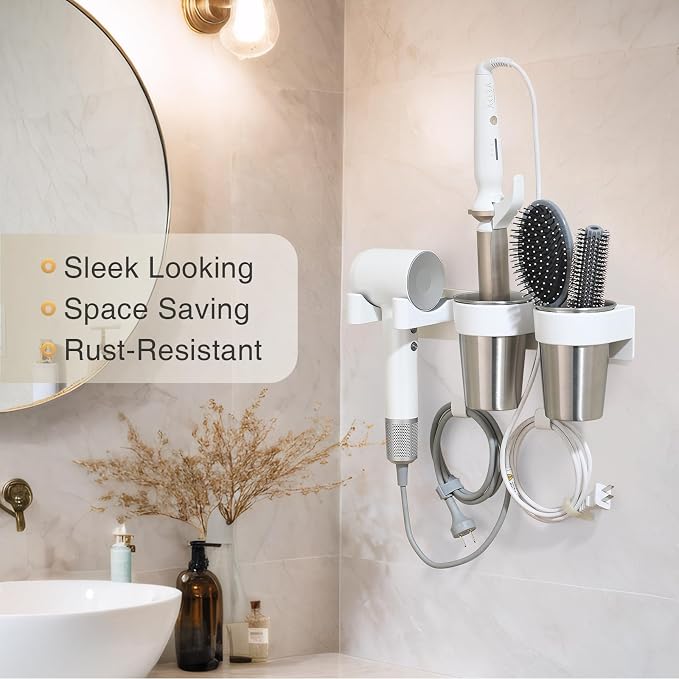 3-in-1 Hair Tool Organzier Wall Mount, Adhesive/Screw Mounting | Hair Dryer Storage Curling Iron & Straightener Holder with Cord Hooks, Vanity Bathroom Organizer, White & Stainless Steel