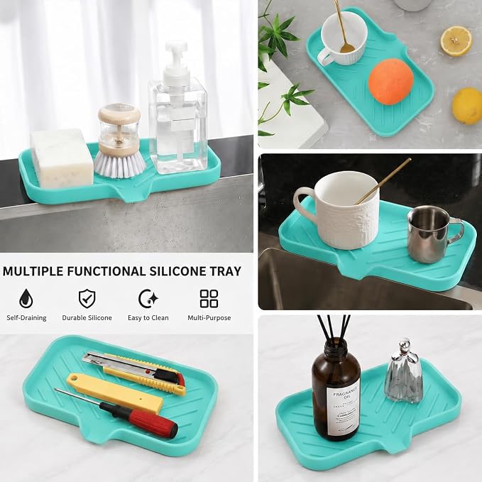 MicoYang Silicone Soap Dish with Drain Spout — Self-Draining Sink Organizer Tray for Bathroom & Kitchen, Sponges, Dispensers & Soap Holder, Non-Slip & Dishwasher Safe, Mint (Medium, 9.6"×5.3")