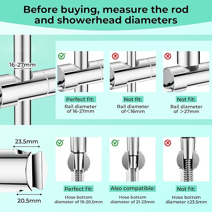 Shower Head Holder with 2 Hooks for 20.5-23.5mm Showerhead, Adjustable Shower Head Bracket for 16-27mm Sliding Rod, Chrome Plated Shower Holder Replacement