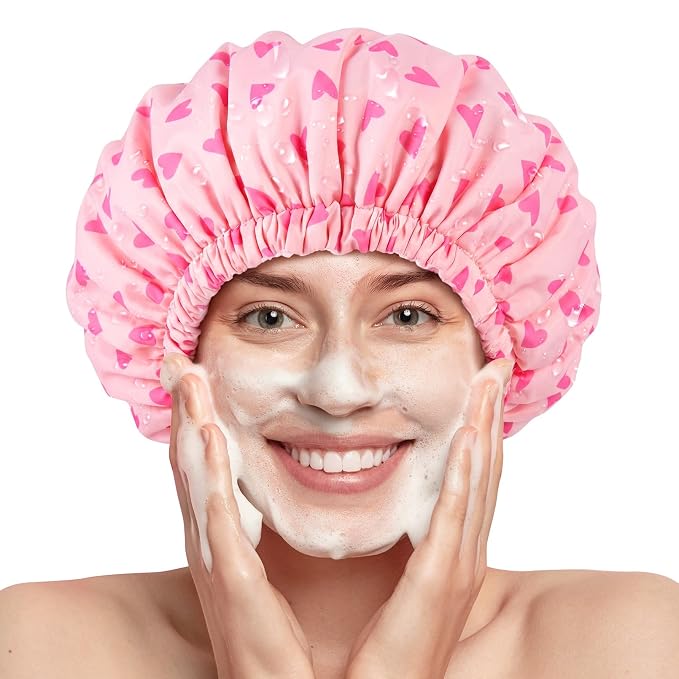 Shower Cap for Women Terry Lined Bath Cap Large Reusable Waterproof Elastic Pink Hearts Shower Caps for Long Thick Hair Soft Bath Shower Hair Caps