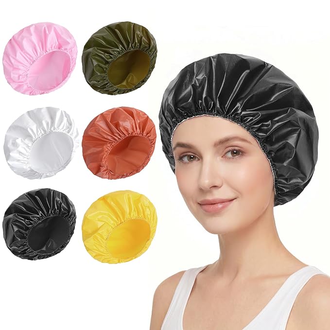 6 PCS Shower Capsfor Women, Reusable Waterproof Bath Caps | Double Side PEVA, Bath Accessories, Spa, Travel, Environmental Protection - Black White Pink Yellow Brick Red Dark Green
