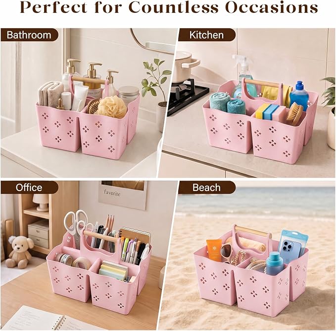 GVY Plastic Shower Caddy Portable, Large Capacity Shower Basket with Handle, Divided Bathroom Toiletry Organizer, Quick-Drain Shower Caddy for College Dorm Beach Kitchen Essentials, Pink
