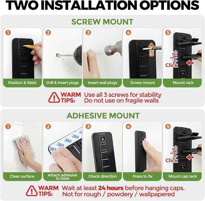 DIY 2Pack Hat Organizer – Holds 36 Hats, Adjustable Clips, Adhesive or Screw Mount, for Baseball Caps & Snapbacks, Space-Saving Cap Holder & Hat Storage Wall Rack for Closet & Door, Black