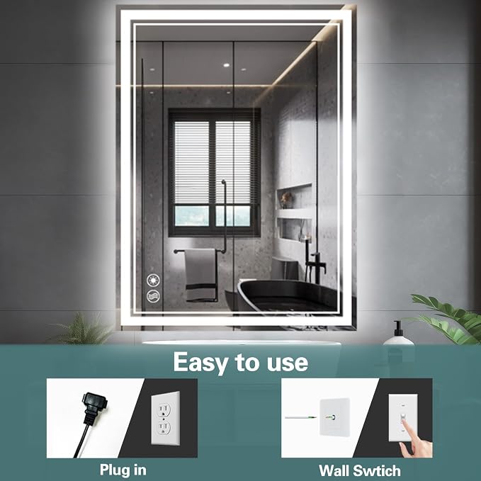 28 x 36'' Bathroom Mirror with Lights, Anti-Fog, Fogless | Dimmable 3 Colors Bathroom Mirror, Touch Sensor, Smart Vanity Mirror, Switch/Plug in Wall Mounted, Horizontal/Vertical