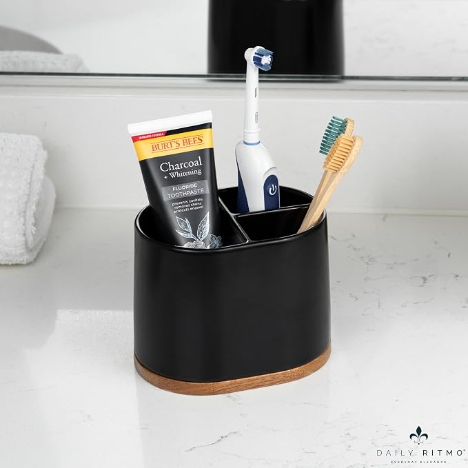 DAILY RITMO® Large Black Toothbrush Holder for Bathrooms with Bamboo Base | Modern 3 Slots Compartment White Ceramic Marble Like Toothpaste Cup for Electric and Kids Tooth Brushes