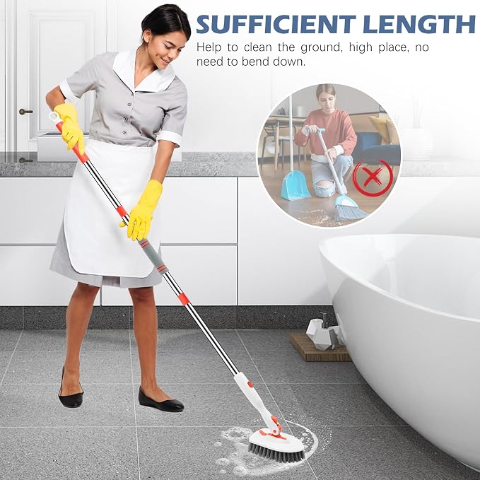 SetSail Floor Scrub Brush, Tile Tub Floor Scrubber, Orange | with 52-inch Adjustable Handle Multi-Angle Cleaning Locks at 45°, 90°, 180° for Bathroom Kitchen Walls Tub Tile