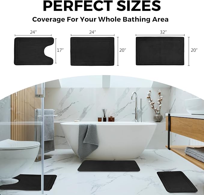 Black Bathroom Rugs Memory Foam Bath Toilet Contour Mat Set 2 Piece | Non Slip Washable Floor Mats U-Shaped Toilet Rug Soft Absorbent Plush Microfiber Shower Tub Bathmat Gray,24"x17"+24"x20"