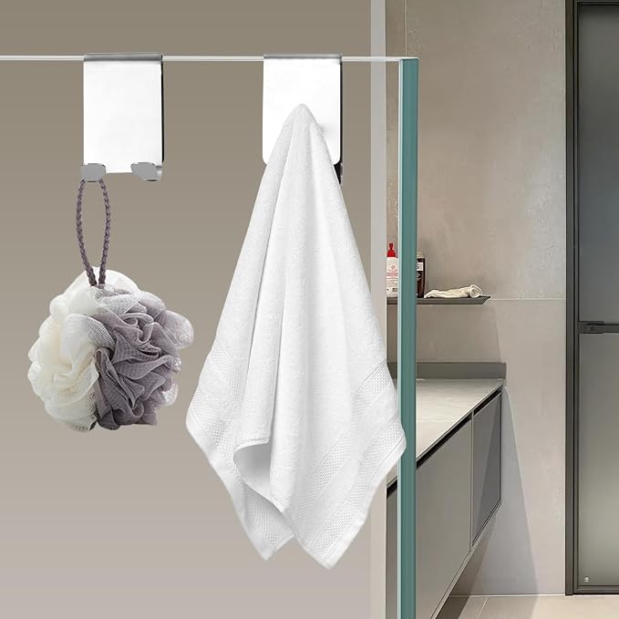 4-PCS Over Shower Door Towel Hooks for Frameless Glass, Stainless Steel Double-Sided Non-Slip Towel Hooks for Towels, Razor, Robes,Bath Towels, Bathroom Glass Door Towel Holder (4, Silver)