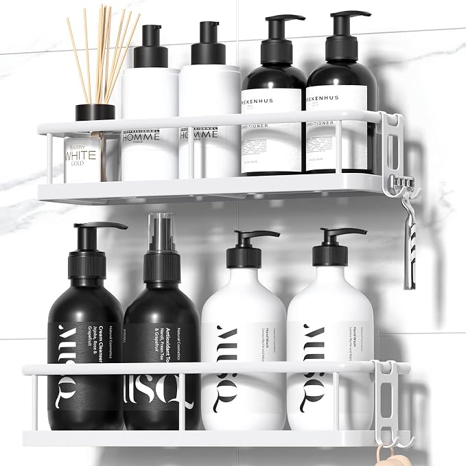 Shower Caddy Adhesive, Rustproof Shower Organizer, Large Capacity Shower Shelves for Inside Shower, No Drilling Bathroom Organizers and Storage for Home Decor (2 Pack White)