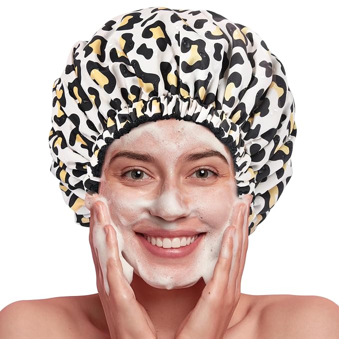 Shower Cap for Women Terry Lined Bath Cap Large Reusable Waterproof Elastic Band Leopard Shower Caps for Long Thick Hair Soft Bath Shower Hair Caps