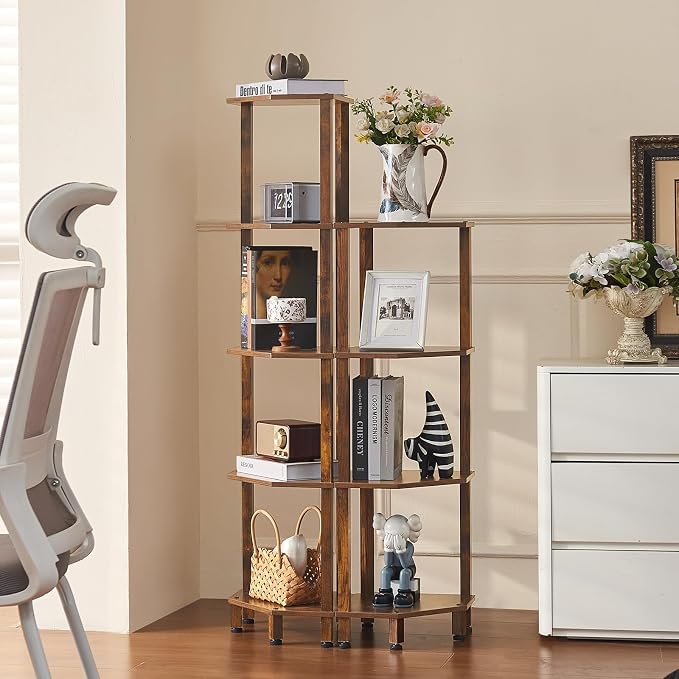 YUFAM 4-Tier Corner Shelf with Sturdy 5-Leg Base, Wooden Corner Bookshelf for Small Spaces, Corner Standing Shelf for Living Room, Bedroom, Office, Brown