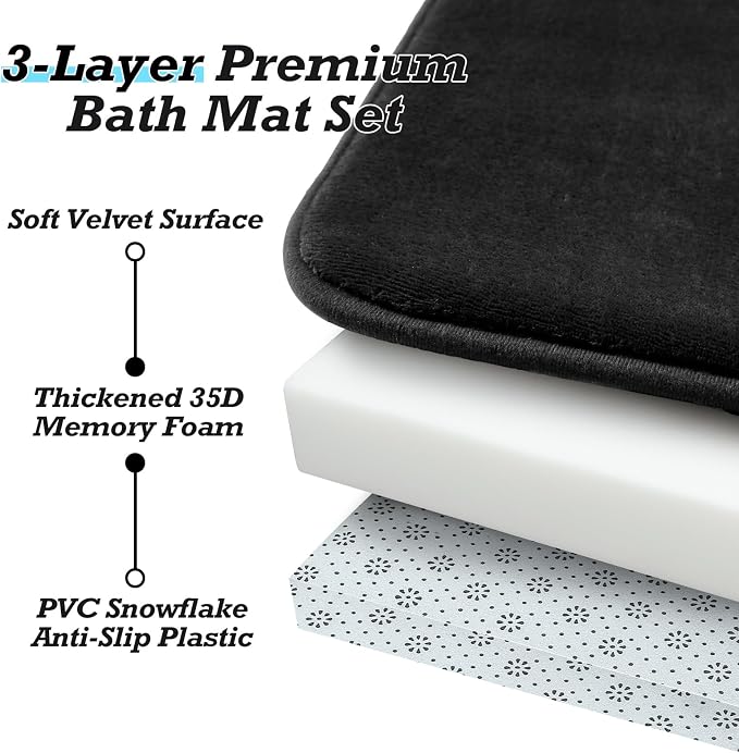 Bathroom Rugs Sets 2 Piece, Non-Slip & Quick Dry Bath Mat Set, Ultra Soft Velvet Bath Rugs for Bathroom, Toilet and Shower Floor, Black