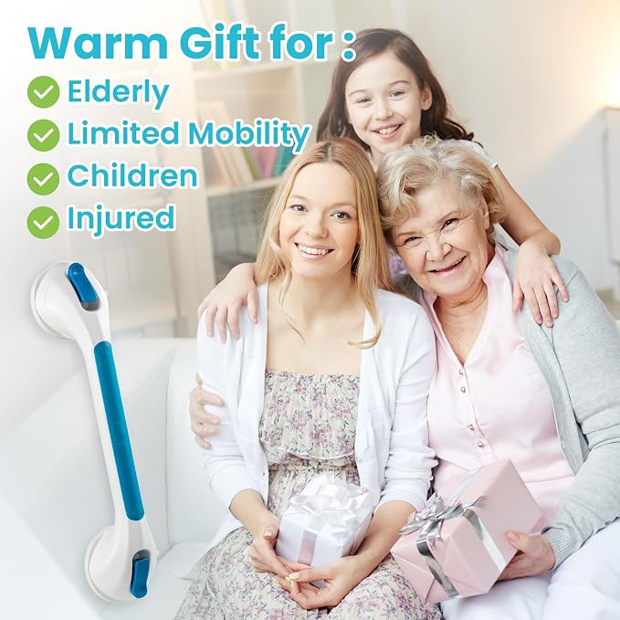 TAILI Shower Grab Bar Glow in The Dark, 16.8 in Grab Bars for Bathtubs, Shower Handles Bath Rails for Seniors and Elderly, Bathroom Safety Grip Removable No Drilling Waterproof Blue (Pack of 2)