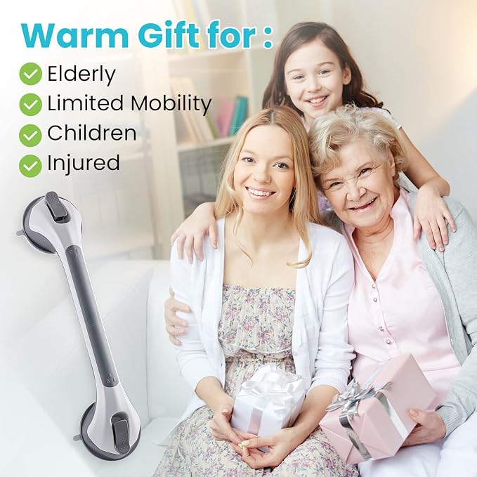 TAILI Shower Grab Bar 16 Inch Suction Cup Grab Bars for Bathroom, Removable Shower Safety Handle Heavy Duty Bathtub Grip for Seniors & Elderly, Strong Handrails No Drilling Waterproof, Grey,G9
