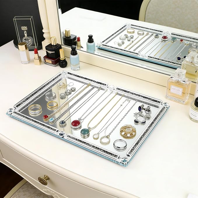 Large Mirror Perfume Tray for Dresser,Crushed Diamond Filled Glass Vanity Tray,Black Decorative Bathroom Tray,Crystal Tray for Home Decorative,Party,Hotel Banquet,15.7x11.8x1.4inch,Black