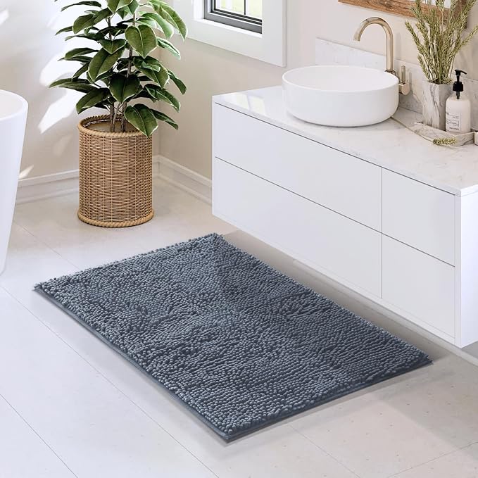 Hearth & Harbor Bathroom Rugs, Chenille Bath Mat - Machine Washable Bath Mats for Bathroom Non-Slip Backing Rubber, Quick Dry Bathroom Mat, 20 x 32 - Stone Blue