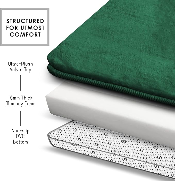 Clara Clark Bathroom Rugs, Velvet Memory Foam Bath Mat, Non-Slip, Machine Washable Bath Rugs - Dries Quickly, Ultra Soft Plush Bath Mats for Bathroom, 17 x 24, Hunter Green