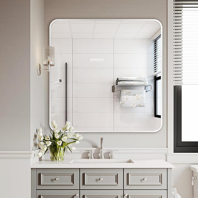 Delma Bathroom Vanity Mirror, Silver Framed Mirror for Over Sink, 30x30 | HD glass, distortion-free for makeup and grooming, Sturdy frame, all mounting hardware, hangs horizontal or vertical