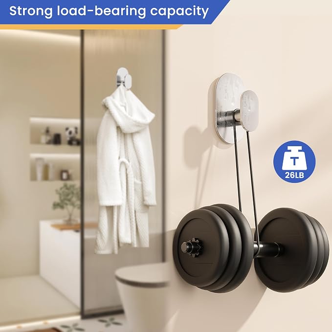 Aikzik Adhesive Towel Hooks - 4 Pack 26LB Heavy Duty Wall Sticky Waterproof Hooks for Hanging Coat, Towel, Robe, Wall Mount for Bathroom or Kitchen (Silver, Stainless Steel)