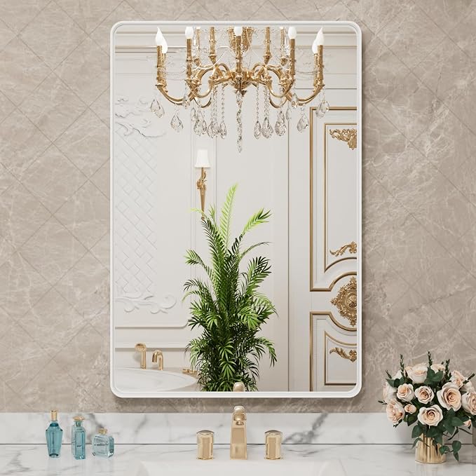 LOAAO 32x36 Inch White Metal Framed Bathroom Mirror | Rounded Rectangle, Anti-Rust, Tempered Glass, Hangs Horizontally or Vertically