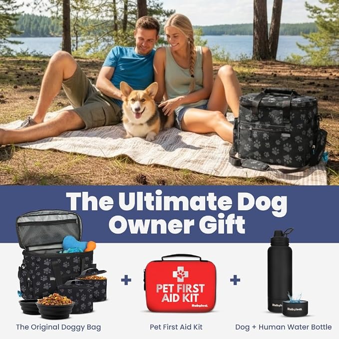 Original Doggy Bag™ Dog Travel Bag for Supplies with Travel Bowls | 2 BPA-Free Collapsible Bowls, 2 Pet Food Containers, TSA-Ready, Road Trips, Camping, Weekend Getaways, Doggy Gift, Paw Print