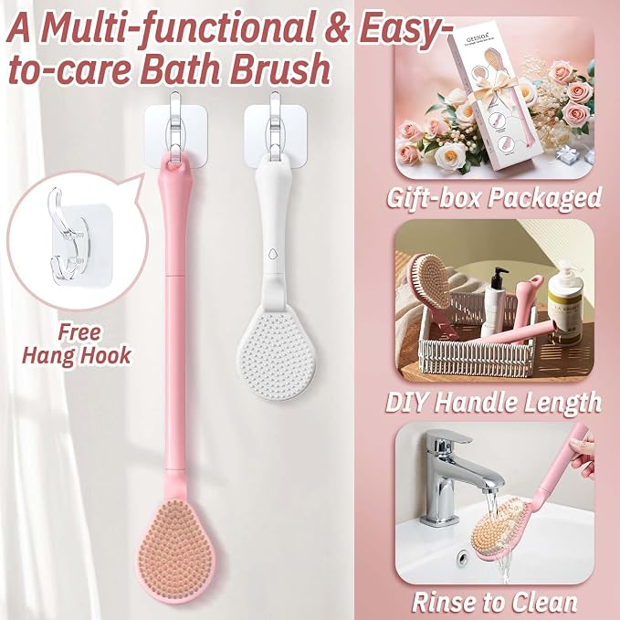 Back Scrubber for Shower & Silicone Bath Glove Set, 19’’ Detachable Long Handle Body Scrubber Wet or Dry Brush, Adjustable 2-in-1 Back & Body Brush with Soft Bristles for Deep Cleaning(Pink)
