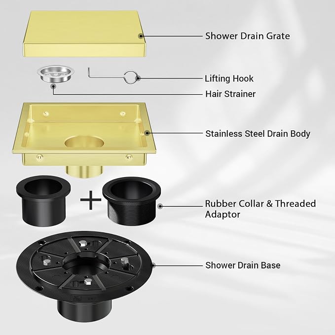 EXF Square Shower Drain 6 Inch Brushed Gold with Tile Insert Grate, Stainless Steel Shower Floor Drain with Flange, Hair Catcher