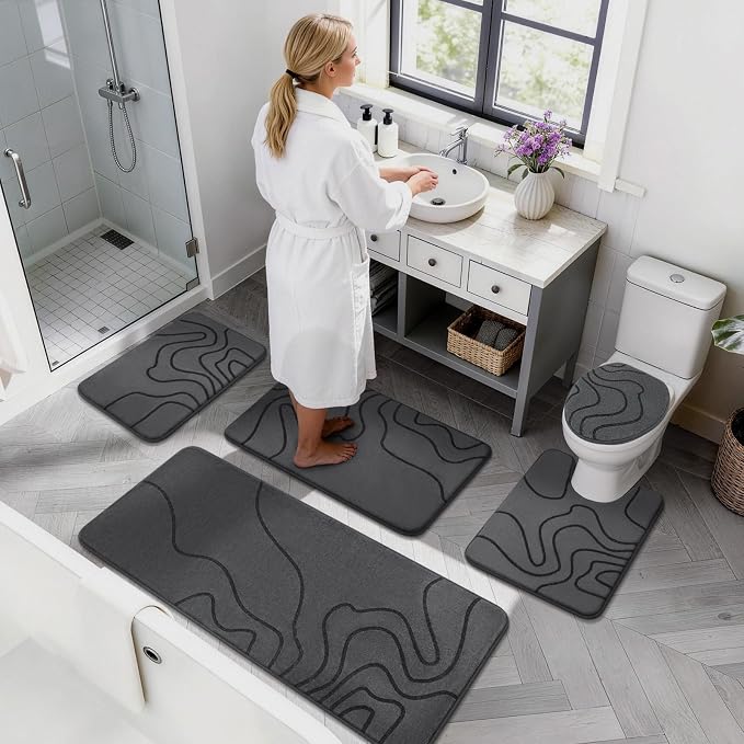 Memory Foam Bathroom Rugs Sets 5 Piece, Ultra Soft Bath Mat, Dark Grey | Ultra Soft, Extra Thick Bath Mat, Absorbent, Non-Slip, Machine Washable, For Tub, Shower & Home Decor Accessories