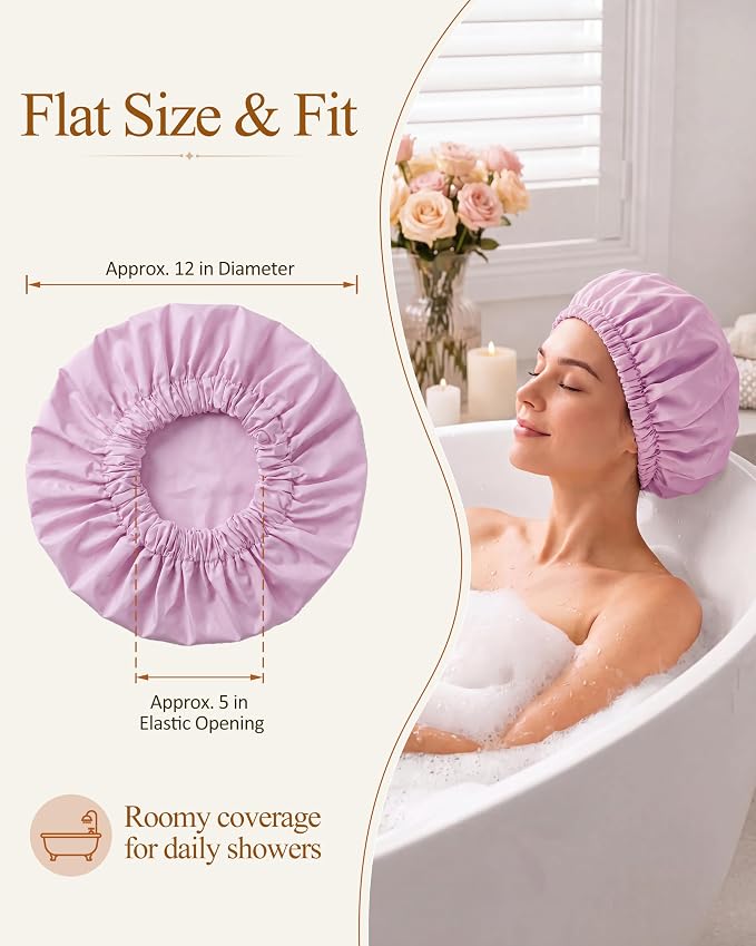 Edoneery Shower Caps for Women Reusable Waterproof, Shower Hair Cap | Washable Bonnet, Wide Elastic Band, Large Fit, Holds Long Hair, Braids Friendly, Bath Accessories, Spa, Travel