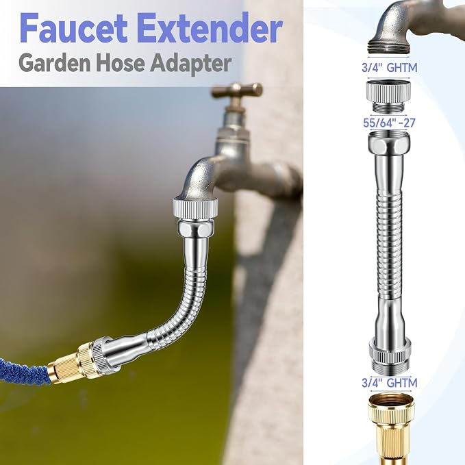 Faucet Extender Garden Hose Adapter Hose Protector, Flexible Kitchen Sink Faucet Adapter to Garden Hose for Male 3/4 Inch & 55/64 Inch to 3/4 Inch GHT