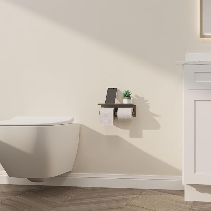 Grey Toilet Paper Roll Holder with Shelf Wall Mounted for Bathroom (Grey, Double Head)