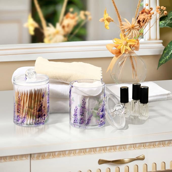4 Pack Qtip Holder Dispenser Purple Lavender Cotton Ball Cotton Swab Round Pads Floss Clear Bathroom Storage Containers Plastic Apothecary Jars with Lids