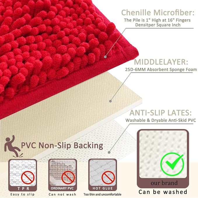 Bathroom Rugs Sets 2 Piece,Super Absorbent Soft,Thick,Machine Washable Chenille Bath Mat,Non Slip Toilet Floor Rug,Bath Mats for Bathroom,16x24 Plus 20x32 Shape,Red