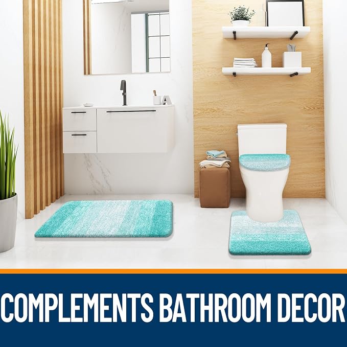 OLANLY Bathroom Rugs Sets 3 piece, Soft Microfiber Absorbent Bath Mat, U-Shaped Contour Toilet Mat and Toilet Lid Cover, Quick Dry, Machine Washable, Toilet Cover and Rug Set for Bathroom, Teal
