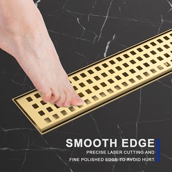 Linear Shower Drain | 32 Inch AISI 304 Stainless Steel Shower Drain, Brushed Gold Linear Drain with Removable Quadrato Grate Cover & Adjustable Feet, Rectangle Floor Drain, in Bathroom Balcony etc