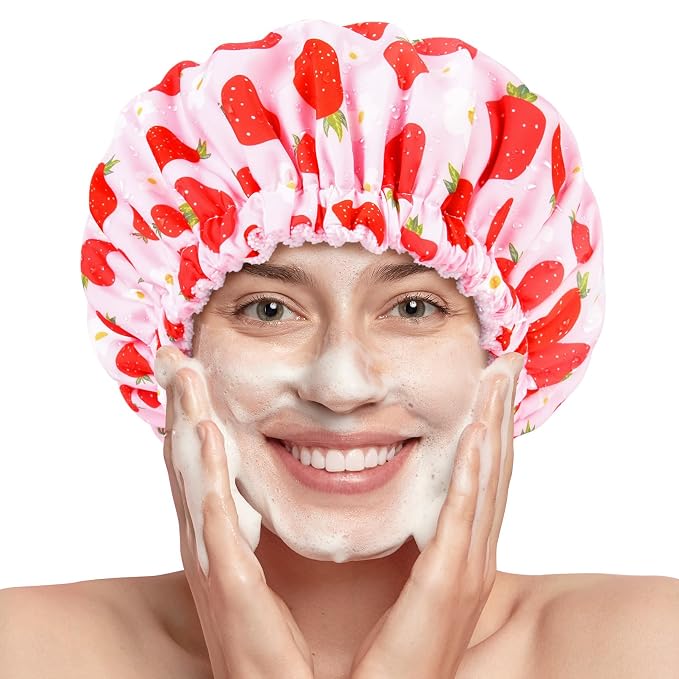 Shower Cap for Women Terry Lined Bath Cap Large Reusable Waterproof Elastic Band Pink Strawberry Shower Caps for Long Thick Hair Soft Bath Shower Hair Caps
