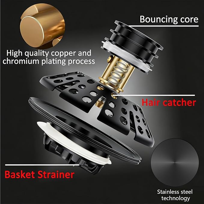 AzWzz Bathtub Drain Stopper,Pop Up Tub Stopper Plug with Hair Catcher Cover | All-metal, Universal for 1.45 in to 1.8 in Tub Drain, Matte Black
