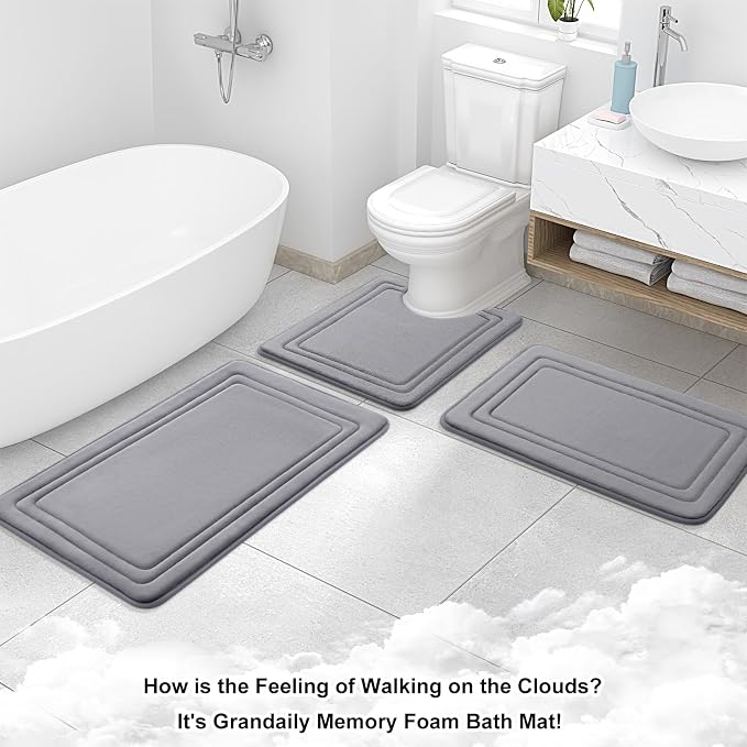 Grandaily Memory Foam Bath Mat Rug 30x20, Ultra Soft, Non-Slip and Absorbent Bathroom Rugs, Machine Wash Dry, Comfortable Bath Carpet for Bathroom Floor, Tub and Shower, Medium Grey