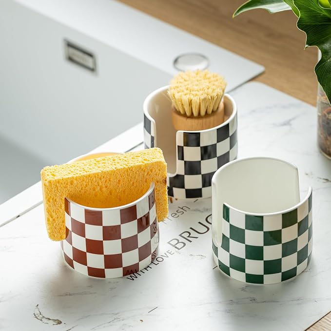 Zoeeker Checkered Kitchen Sink Sponge Holder, Dish Sponge Rack Ceramic Brush Holder Farmhouse Kitchen Drying Rack for Brush, Scrubbers, Bathroom, Sink, Black and White