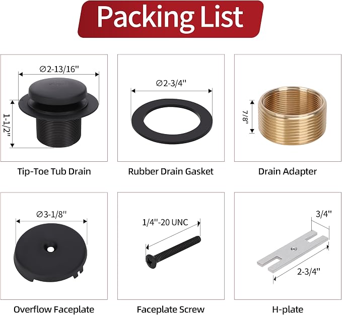 PRIMSOPH Tip-Toe Tub Drain Trim Kit with One Hole Overflow Faceplate Conversion Kit Assembly Universal Fine Coarse Thread Replacement Matte Black