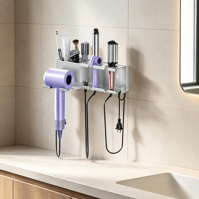 YSD Hair Dryer Holder Wall Mounted with Cord Organizer Metal Organizer | Heat Resistant Blow Dryer Holder with Curling Iron and Flat Iron for Bathroom Self Adhesive/Screw, Grey
