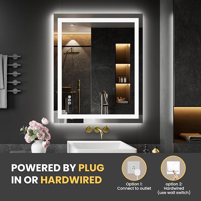 LOAAO 28"X36" LED Bathroom Mirror with Lights, UL Listed | Anti-Fog, Dimmable, 3 Color Temperature, Backlit + Front Lit, Memory Function, Tempered Glass