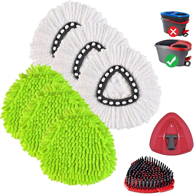 6PCS Mop Heads Replacements for OCedar, 1PCS Scrub Brush and 1PCS Spin Mop Base Compatible with Ocedar EasyWring 1 Tank System, Dry and Wet for Cleaning All Hard-surfaced Floors