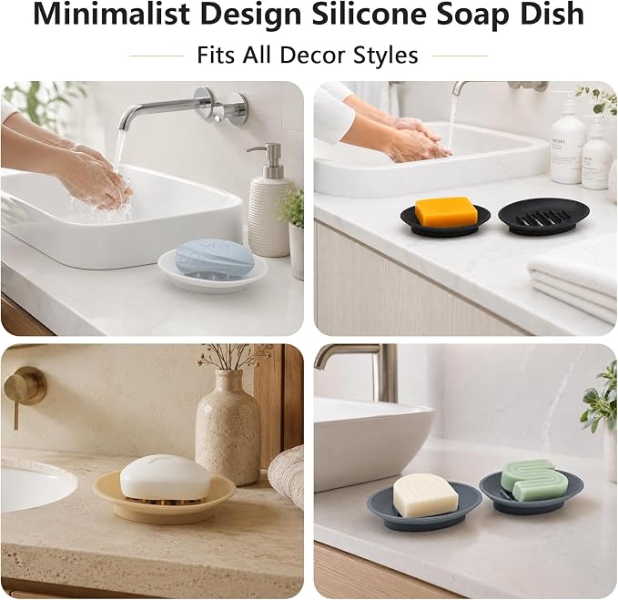 2 Pack Silicone Bar Soap Holder for Shower, Self-Draining Black Soap Dish Tray for Bathroom Sink, Kitchen Counter, Shower Niche/Shelf, Bathtub, Easy Cleaning Simple Oval Soap Saver Stand