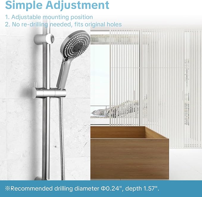 OFFO Shower Slide Bar Combo, 33 in Segmental Slide Bar with 6-Mode High Pressure Handheld Shower Head and 60 in Stainless Steel Hose, Chrome