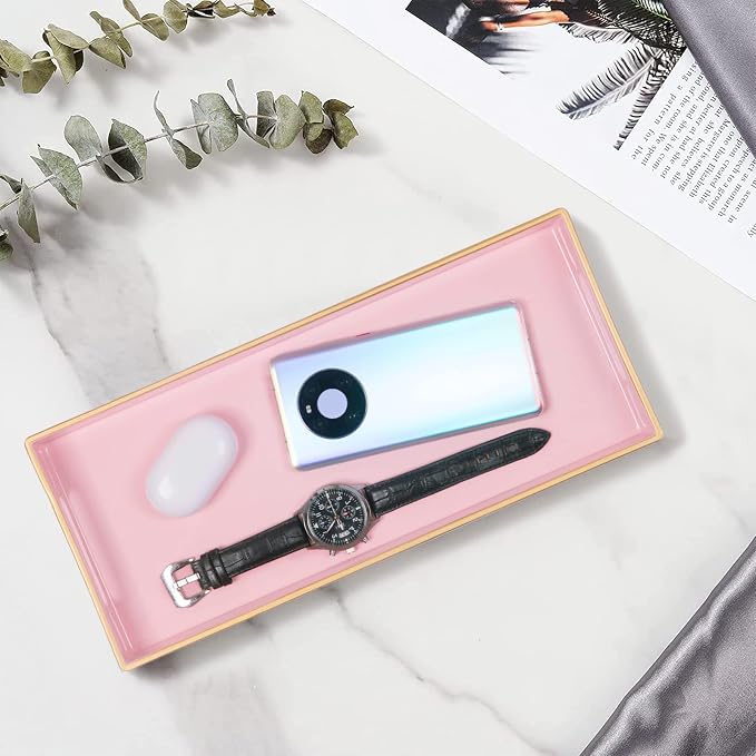 MAONAME Pink Vanity Tray, Bathroom Counter Tray, Decorative Trays with Handles, Storage Dresser Trays Organizer for Perfume, Jewelry, Makeup, 13.8" x 6" x 1.57"